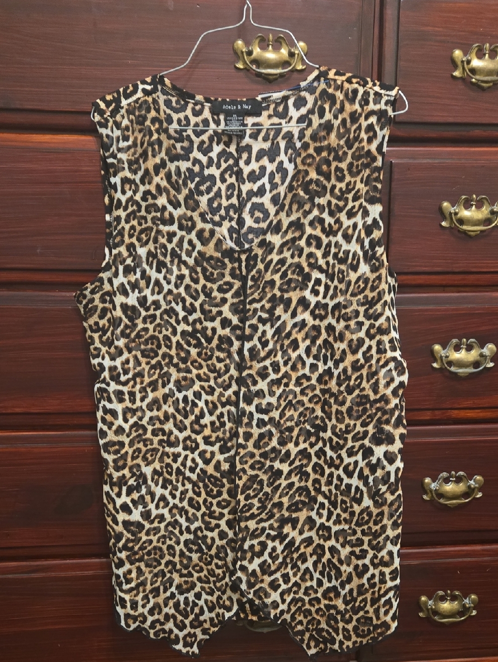 ⛱️Adele & May Leopard Print V-Neck Sleeveless Top With Sheer Fly Away Front  XL